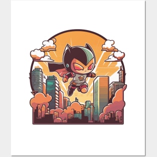 Hero - Cute Kawaii Hero, Flying Above The City Posters and Art